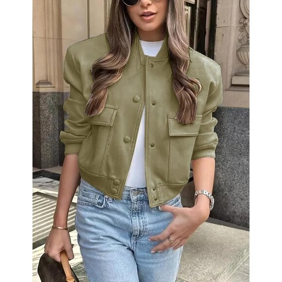 Women Green Cropped Bomber Jacket Button Down Varsity Shacket with Pockets - Picture 2 of 4